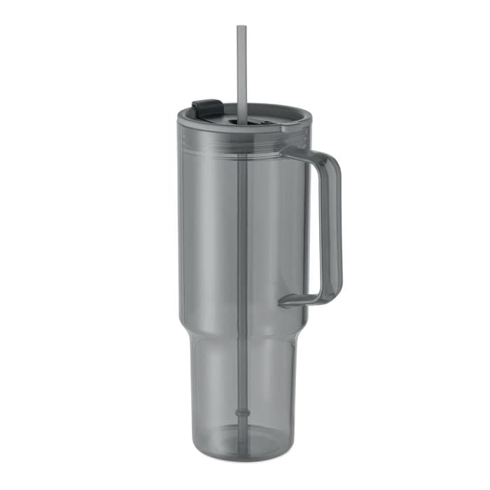 A drink bottle in transparent grey with a handle and a straw, featuring a lid and a sleek design.