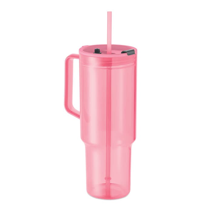 A drink bottle in translucent pink with a handle and straw, featuring a lid and a unique design.
