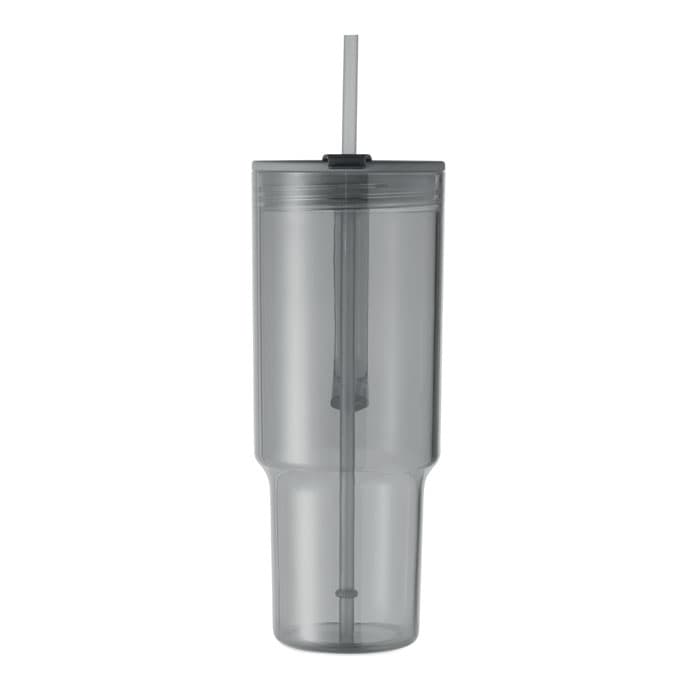 A drink bottle in transparent grey plastic with a straw and a lid, featuring a simple design.