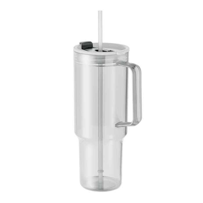 A clear drink bottle with a handle, straw, and a white lid, featuring a sleek, modern design.