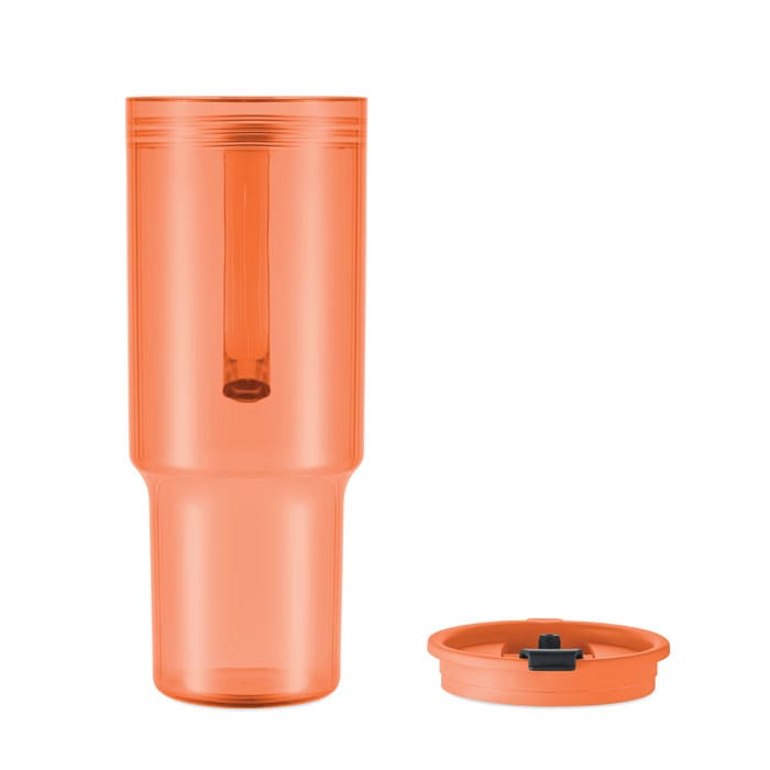 An orange drink bottle with a removable lid next to it, featuring a sleek design and a logo.