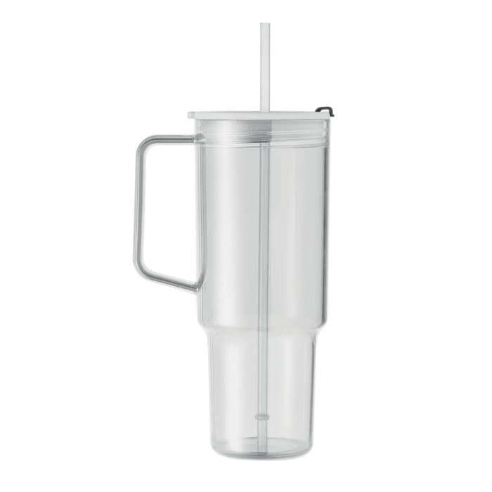 A clear drink bottle with a handle and a straw, featuring a two-part design for easy cleaning.