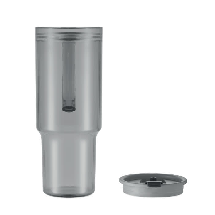 A drink bottle in translucent grey with a removable lid and a built-in straw.