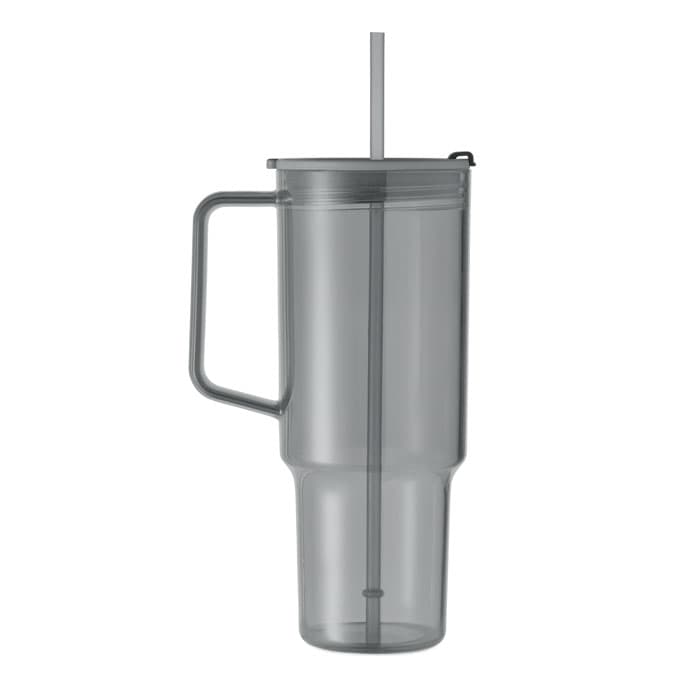 A grey drink bottle with a handle, featuring a removable lid and a built-in straw. It has a sleek design.