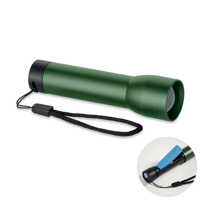 A green drink bottle with a black cap and a wrist strap, featuring a logo on the side.