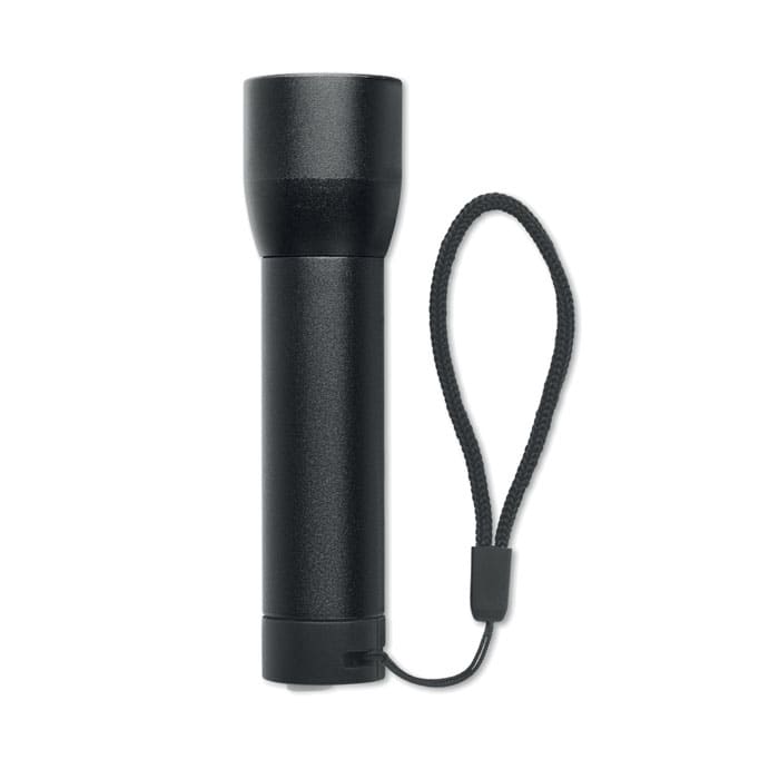 A black flashlight with a textured grip and a wrist strap for easy handling.