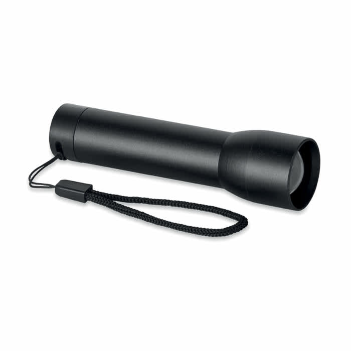 A black flashlight with a textured grip and a lanyard attached, designed for portability.