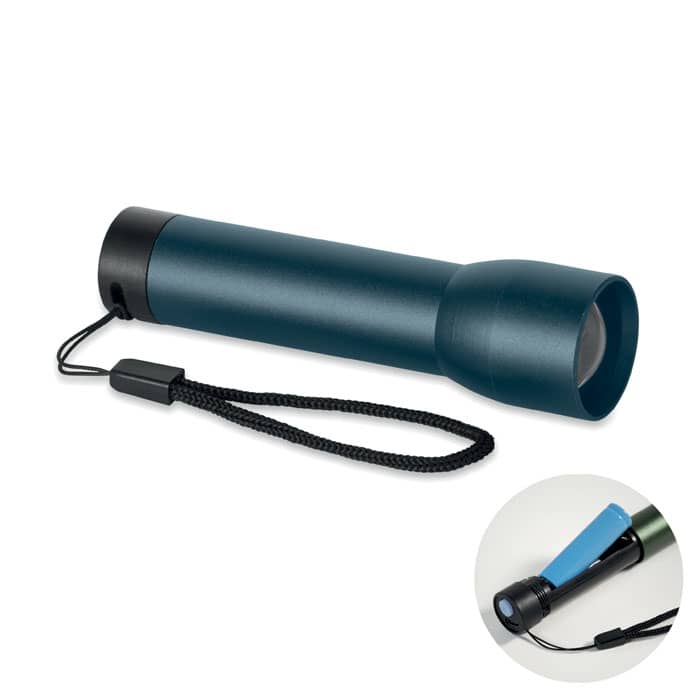 A drink bottle in dark blue with a black top and wrist strap, featuring a logo on the side.