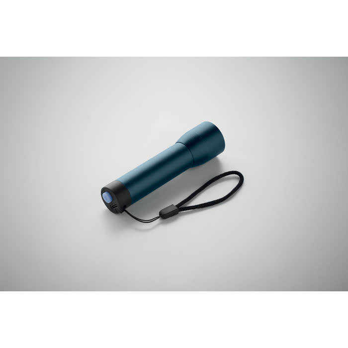 A drink bottle in a teal colour with a black top and a wrist strap for easy carrying. It features a logo.