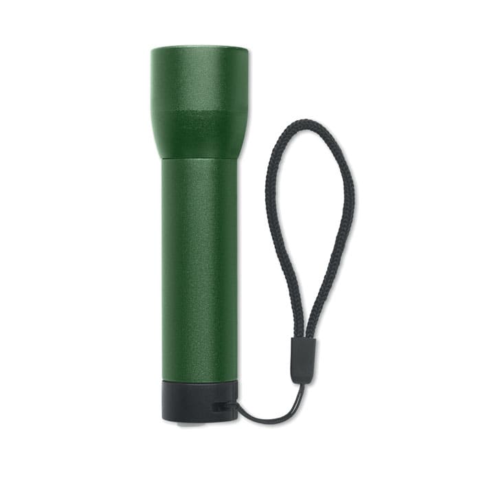 A green flashlight with a textured body and a wrist strap for portability.