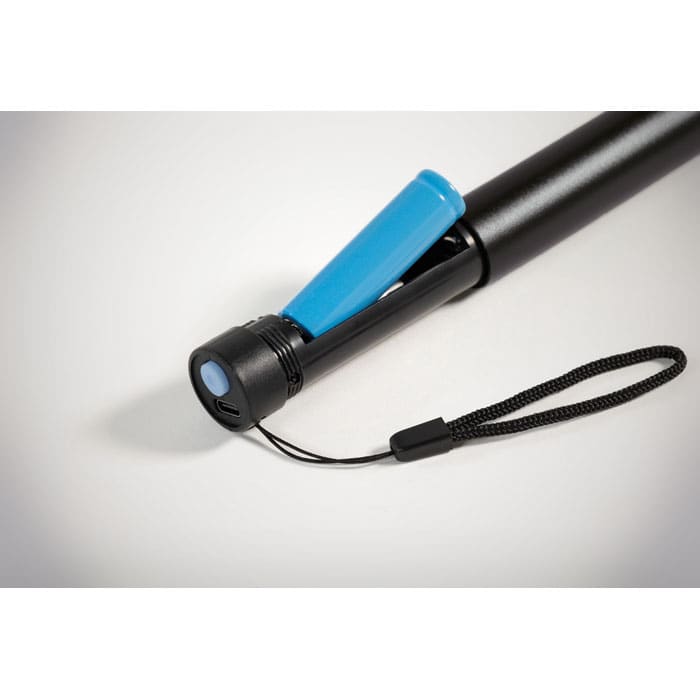 A black drink bottle featuring a blue lid and a wrist strap, with a logo on the side.