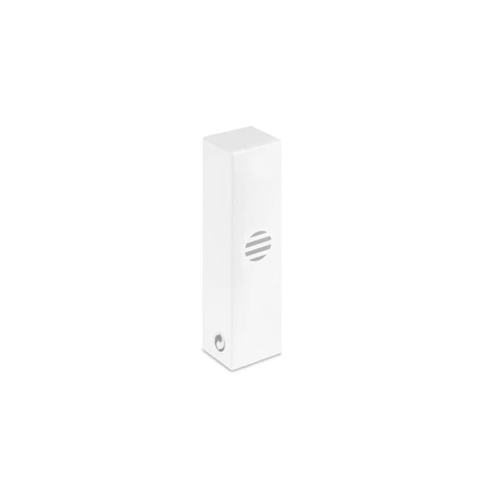 A drink bottle in a sleek white design with a minimalistic logo and a round spout at the base.
