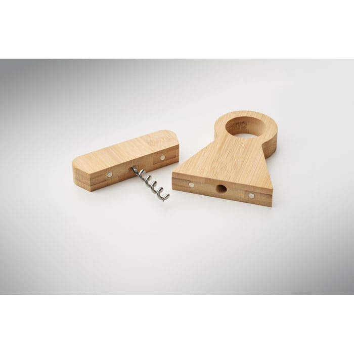A wooden corkscrew with a circular handle and a straight corkscrew, featuring a natural wood finish.