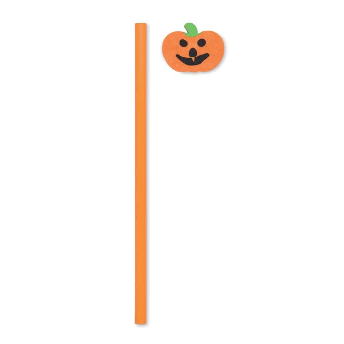 An orange pencil with a pumpkin-shaped topper, featuring black facial details and a green stem.