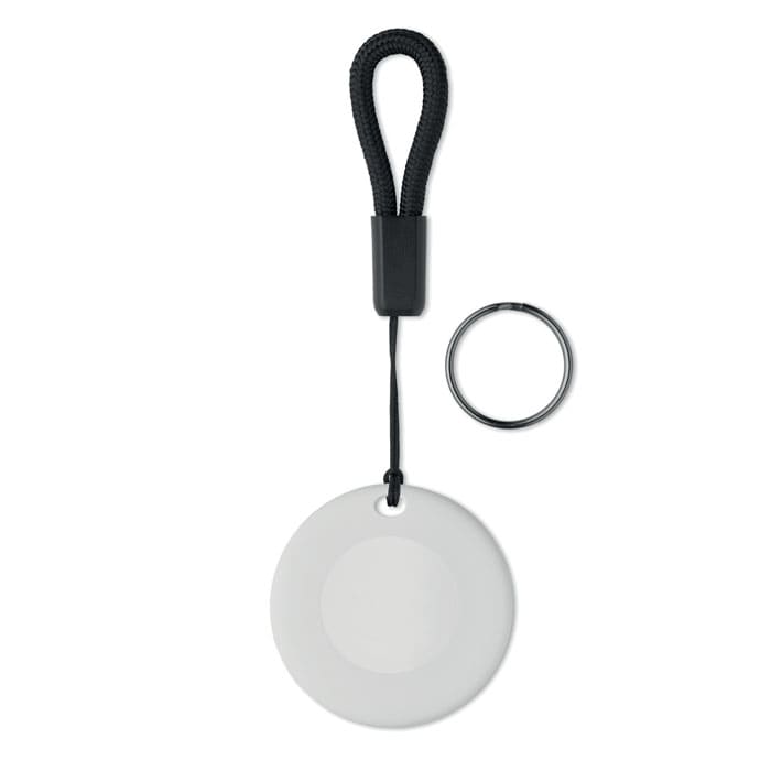 A circular white tag with a black strap and a metal keyring attachment.