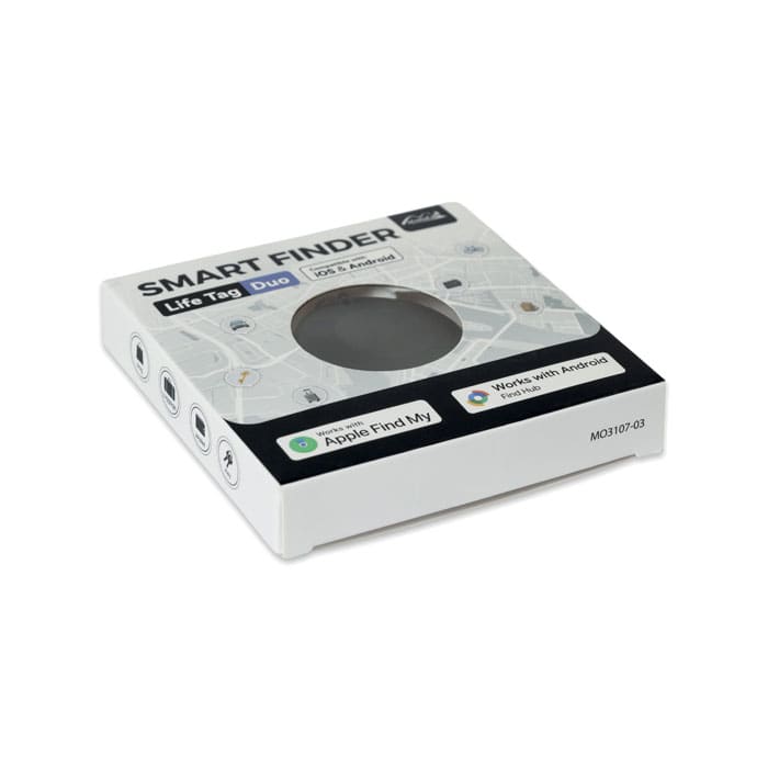 A packaging box for the Lifemate Smart Finder, featuring a circular device, with a logo and a map design on the front.
