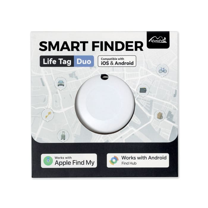 A round, white tracking device on a promotional cardboard backing with a map design and logos for compatibility.