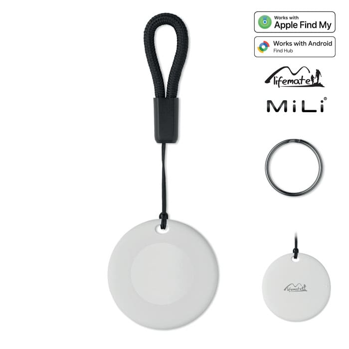 A round, white tracking device with a black loop, featuring a keyring attachment and a logo.