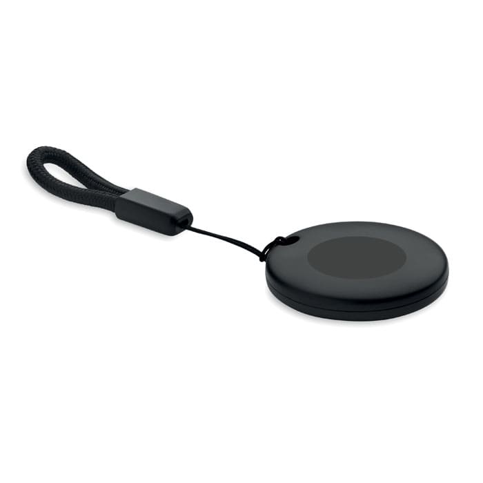 A black round promotional product with a strap, featuring a smooth surface and a simple design.