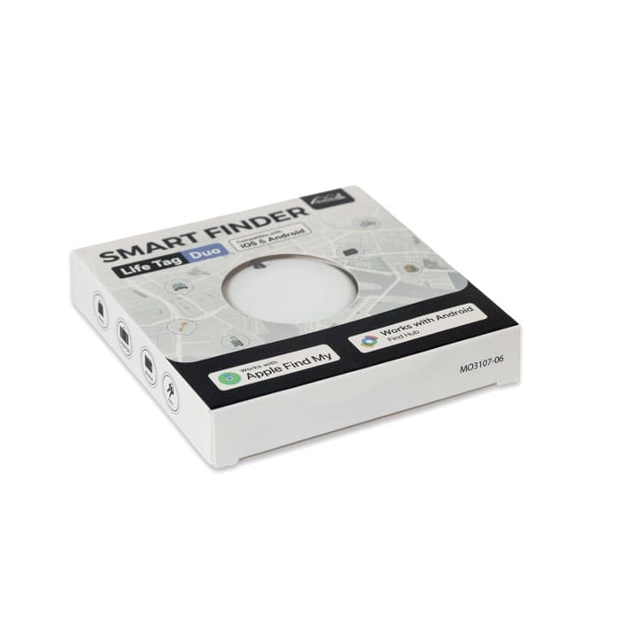 A packaging box for a Smart Finder Life Tag Duo, featuring a circular window and multiple logos. The box is predominantly white.