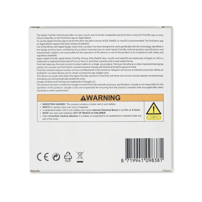 A boxed product with multiple components, featuring a warning label and a logo, predominantly in white with purple accents.