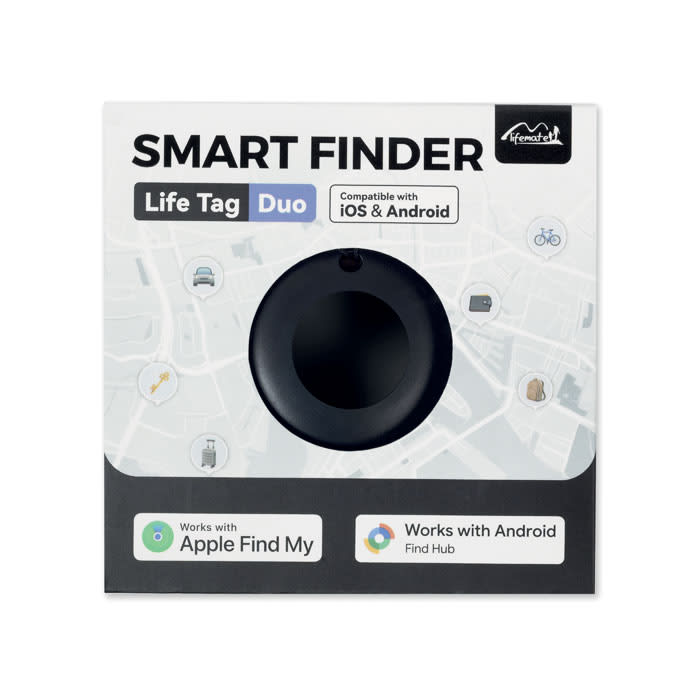 A round black tracking device packaged in a box, with icons representing its features. It includes a logo and compatibility details.