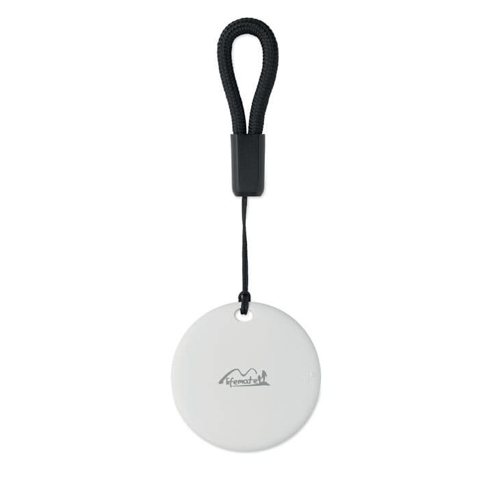 A round white tag with a black loop for attachment, featuring a logo in the centre.