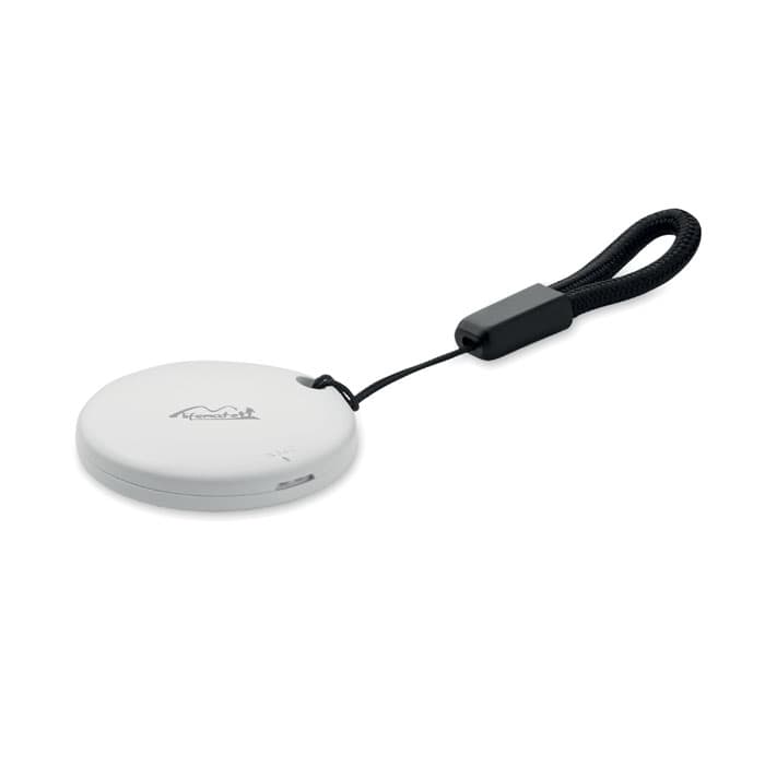 A round, white portable charger with a black strap, featuring a logo on the front.