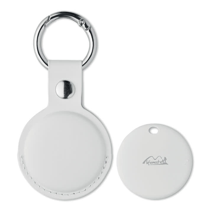 A white keychain with a circular holder and a round tag, featuring a logo on one side.