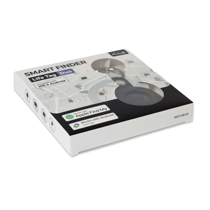 A sleek white packaging for the "Life Tag Duo" Smart Finder, featuring a map design and a logo.