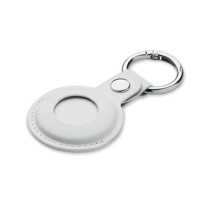 A key ring holder in white PU leather with a metallic keychain attachment and button snap closure.