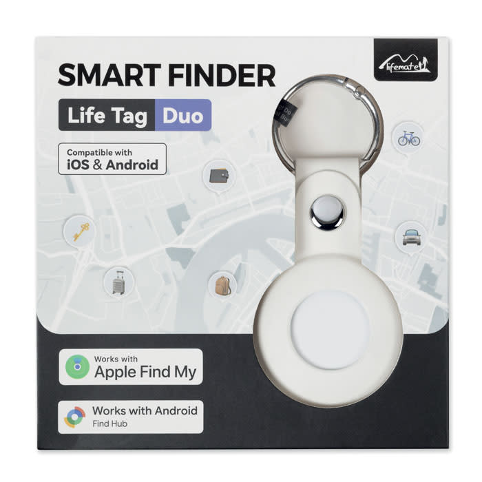 A smart finder device in a white casing, presented in packaging with a logo, suitable for iOS and Android.