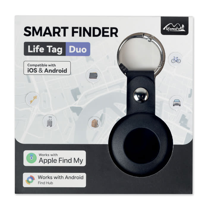 A black smart locator tag in a packaging design featuring icons and a map background. It includes a keyring.