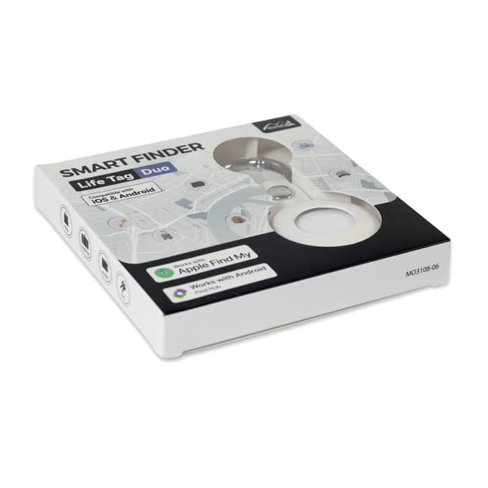 A product packaging for the "Smart Finder Life Tag Duo" featuring a sleek design with a logo, in white and light colours.