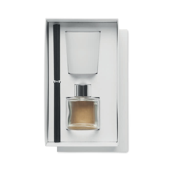 A gift set featuring a glass candle, a ceramic holder, and a black wick, all presented in a white box.