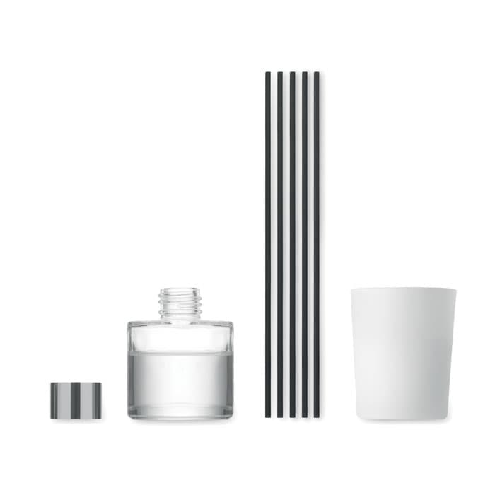 A drink bottle set featuring a clear glass bottle, a white cup, and five black straws. There is a metallic lid.