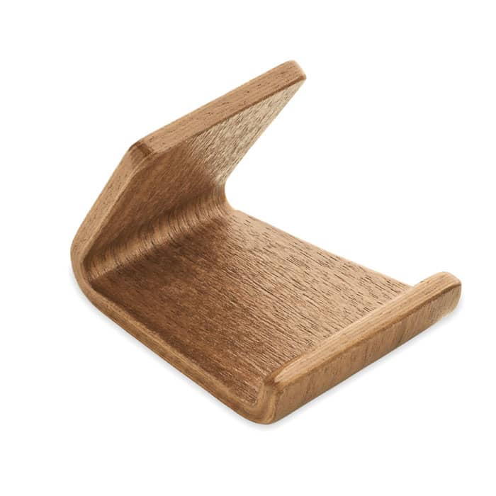 A wooden phone stand in a sleek design, featuring a natural wood finish. It has a simple, angular shape.