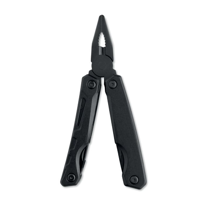 A multi-tool featuring black handles and pliers, showcasing a sleek and compact design.
