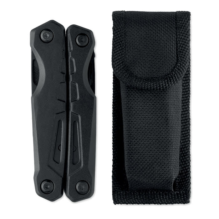 A black multi-tool next to a black fabric pouch for storage. The tool has a sleek, compact design.