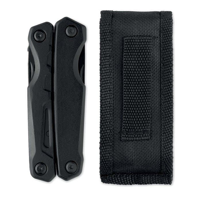 A black multi-tool with a textured handle, accompanied by a black carrying pouch.