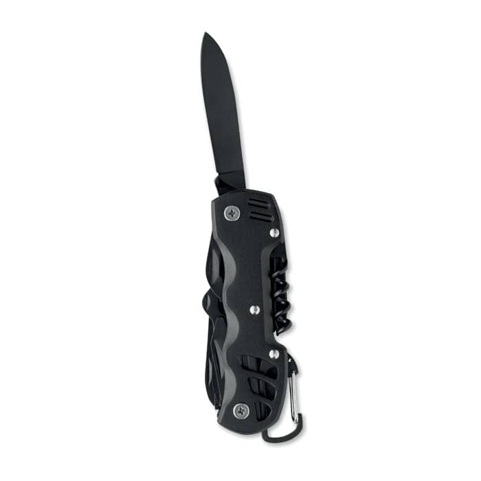 A black folding knife with a sleek handle design and a clip for attachment. It has a single blade extended.