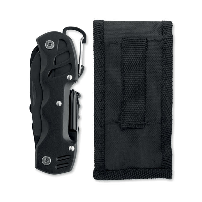 A black folding knife beside a black nylon sheath. The knife features a textured grip and a clip.