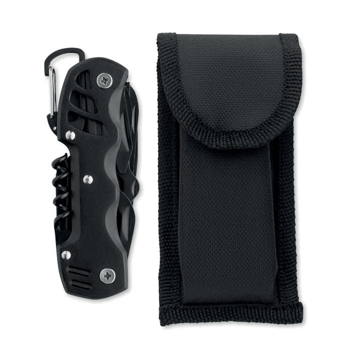 A folding multitool with a black handle, accompanied by a black nylon case for storage.