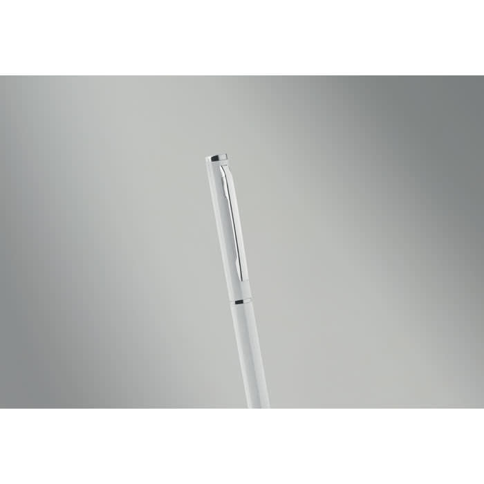 A pen with a sleek white design, featuring a clip and a smooth finish, against a grey background.