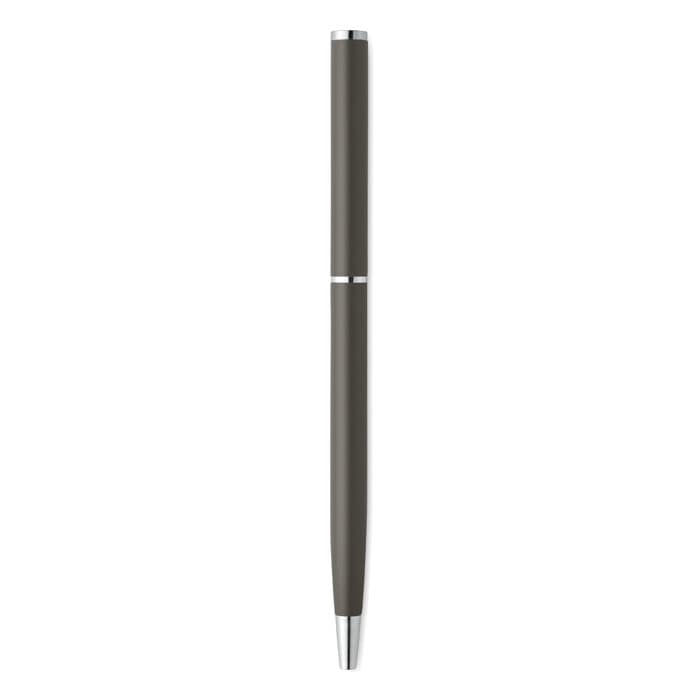 A pen in a sleek dark grey colour, featuring a silver trim and a smooth design.