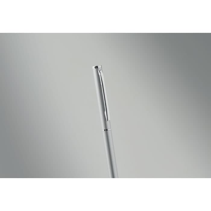 A silver pen with a sleek design, featuring a shiny metallic finish and a clip at the top.