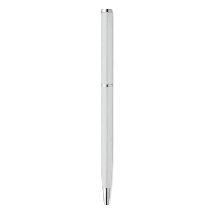 A pen in a sleek white design with silver accents and a smooth tip. It features a minimalist style.
