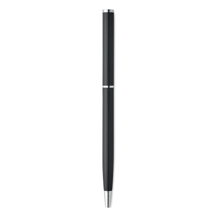 A black pen with a sleek design and a silver trim, featuring a logo on its body.