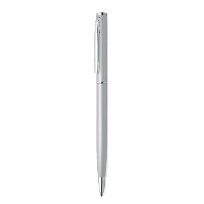 A pen in a sleek silver finish with a clip and a smooth writing tip.