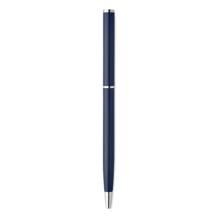 A pen in navy blue with silver accents and a sleek, minimalist design. It has a branded logo.